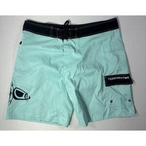 Tormenter Men's Board Shorts 42 Teal Black Fish Skeleton Logo Swim Trunks Surf